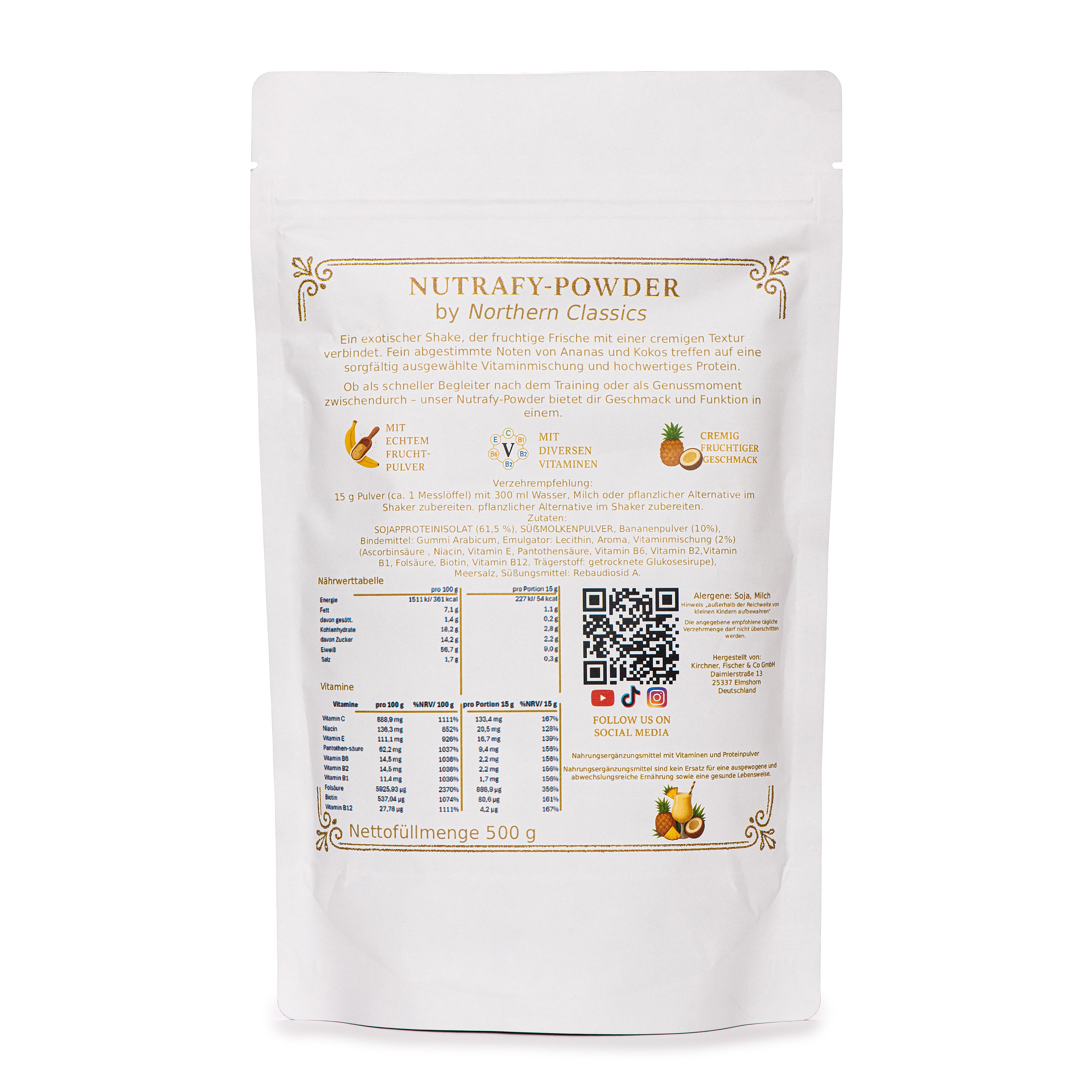 Nutrafy Powder – Pina Colada Style; Proteinfruchtpulver mit Vitaminen, 500g Tüte
